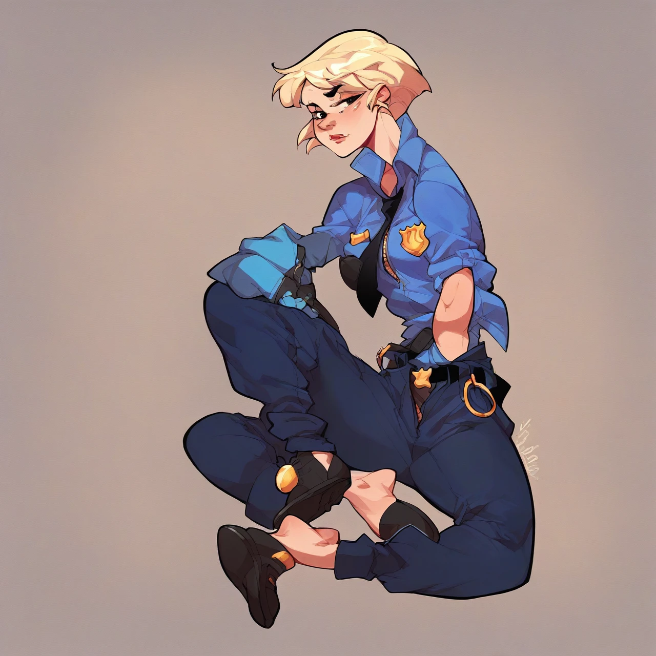 score_9, score_8_up, score_7_up, score_6_up, score_5_up, score_4_up, mirandawright, short hair, blonde hair, police uniform, solo, unzipped pants, belt undone, pants undone, underwear showing, pants down at ankles