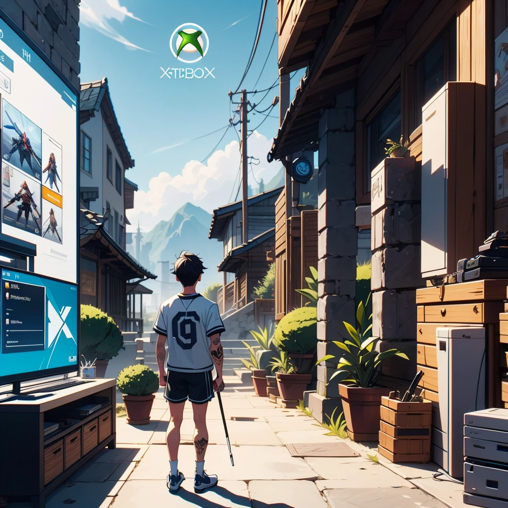 Best quality, gamer, standing alone, short fade hair, tatto, 20 year, and every gamer, xbox stick in hand, ssmile, white shorts, written logo BABY, fourth gamer environment