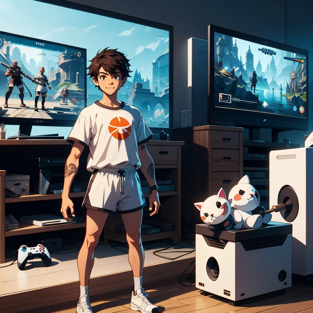 Best quality, gamer, standing alone, short fade hair, tatto, 20 year, and every gamer, xbox stick in hand, ssmile, white shorts, written logo BABY, fourth gamer environment