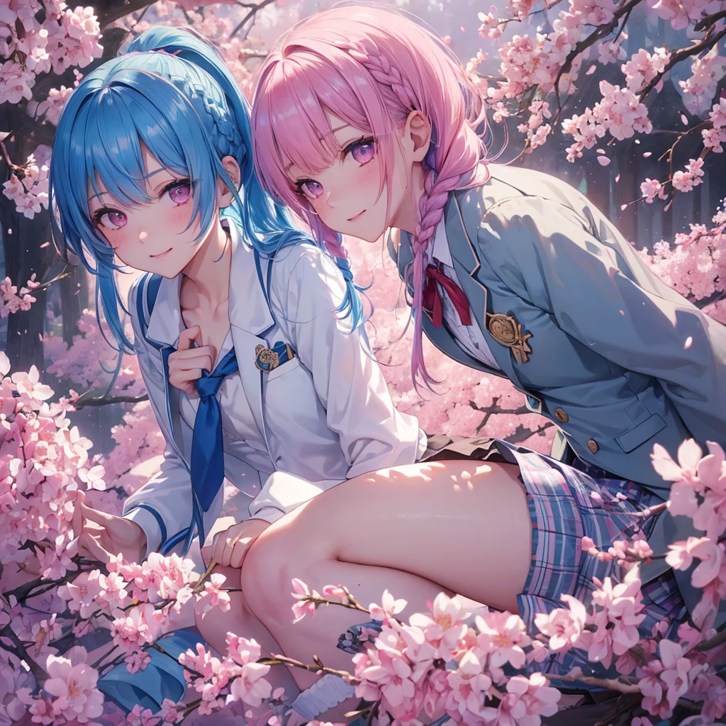 Sky blue hair, (Braided Ponytail),(Pink Eyes),Fair skin ,whole body,(1 Girl),Smile,spring, cherry blossoms, Knee-high socks for school,, blazer, Straight bangs,(masterpiece, Highest quality, Super detailed, Best Shadow), (Detailed Background), (Beautifully detailed face), High Contrast, (Best lighting, Very delicate and beautiful), ((Cinematic Light)), colorful, Hyper Detail, Dramatic Light, Intricate details,sunshine,Leaning forward,