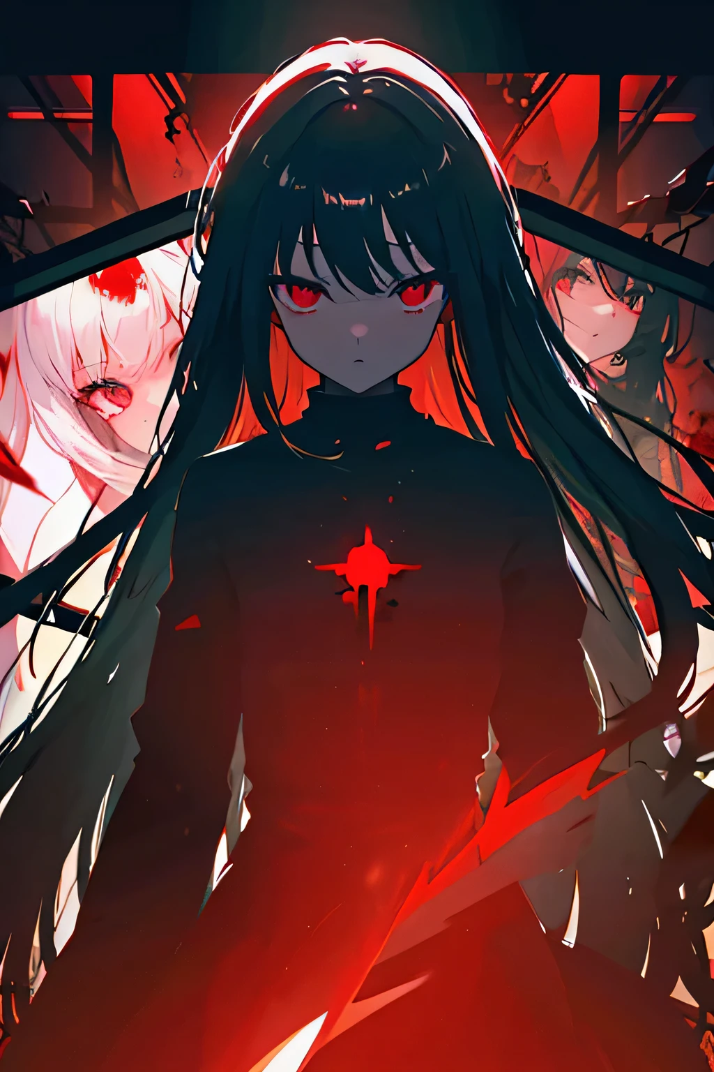 spawns a tall adult woman with long black hair and red eyes, futuristic black clothing using a dark toned jacket, a somewhat deranged smile and with a red aura of power