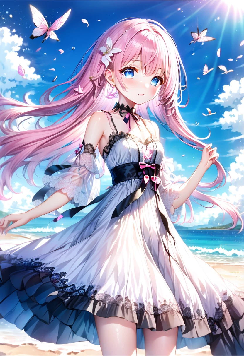 ((Highest quality)), ((masterpiece)), (detailed), ((Perfect Face)), Lilia, One Girl、Pink Hair、blue eyes、White dress with black lace、large pink ribbon on the chest、((whole body))、((Beach))、Fantastic、Mysteriouany petals flutter)、Artistic、Long skirt fluttering、Angle from below、