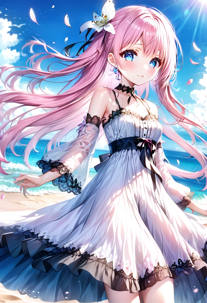 ((Highest quality)), ((masterpiece)), (detailed), ((Perfect Face)), Lilia, One Girl、Pink Hair、blue eyes、White dress with black lace、large pink ribbon on the chest、((whole body))、((Beach))、Fantastic、Mysteriouany petals flutter)、Artistic、Long skirt fluttering、Angle from below、