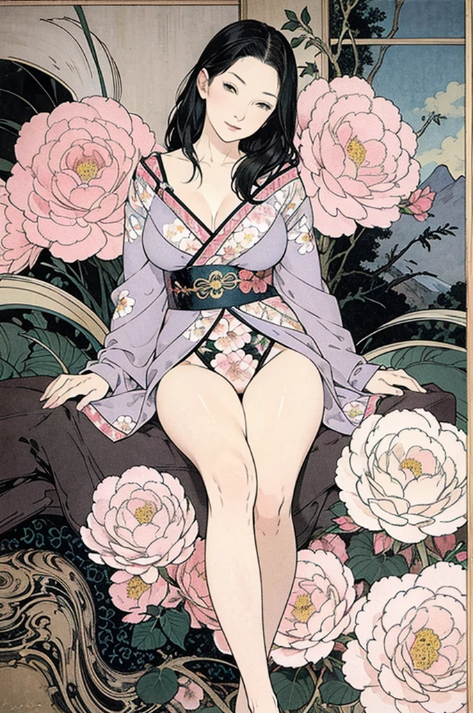 Detailed Background,Art Deco,Beautiful landscape painting,Botanical Art,Flower Art,(Floral:1.2), (masterpiece, Highest quality),Vibrant colors,colorful, Highest quality, Amazing details, Anatomically correct, Line art, Written boundary depth,Flat Shading,Bokeh, woman、、Black Hair、 Parting the bangs and sticking out the forehead、whole body、Pink good、Pink Fundoshi、Showing off pussy、 Sit with your legs apart:1.5、Showing pussy、sexy、Passionate、Stretch your legs、(Thighs)、(Large Breasts)、Plump Style、(barefoot)、 Mucha style、Ukiyo-e style、Looking up at the camera、Browsing Caution