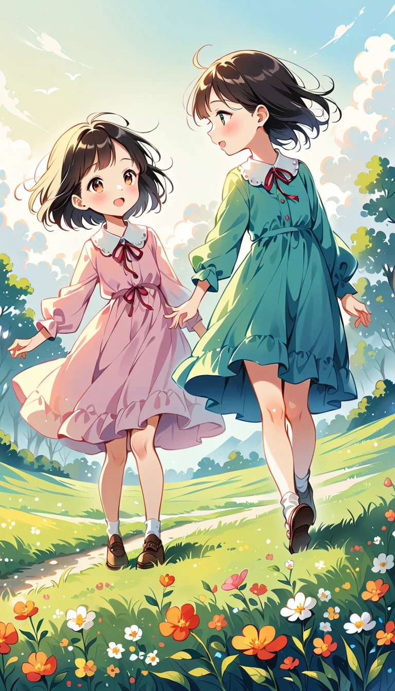 2 children playing on a rice field ridge, under a clear and cheerful sky.