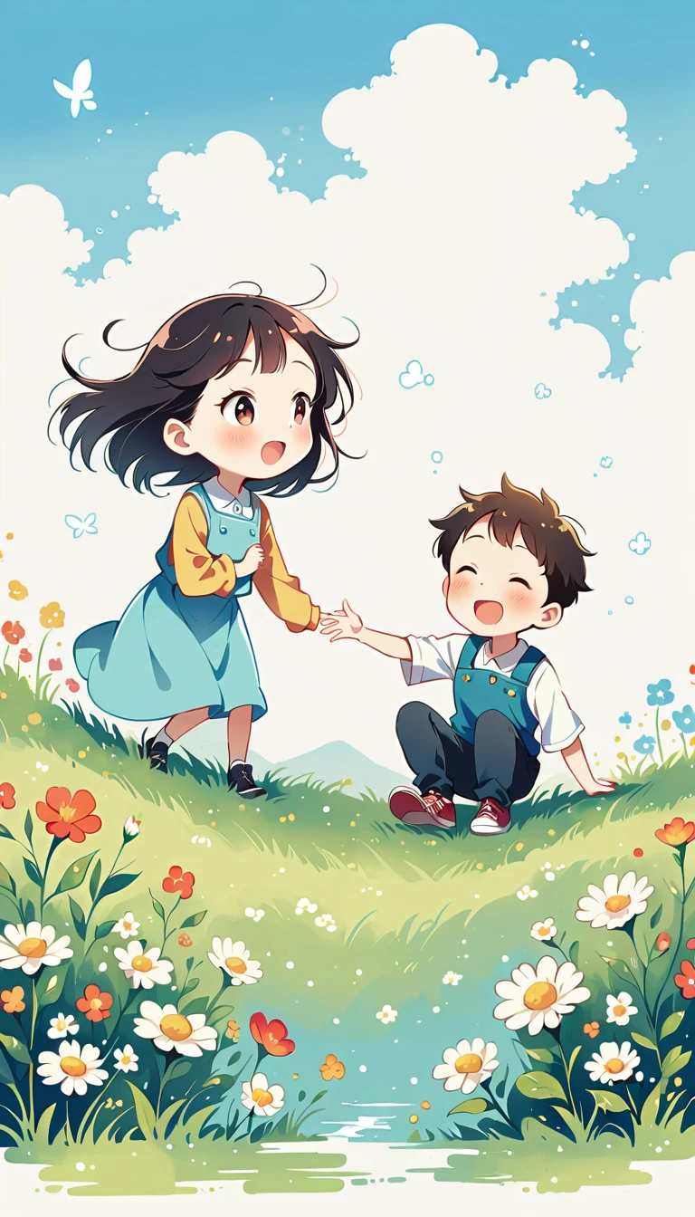2 children playing on a rice field ridge, under a clear and cheerful sky.