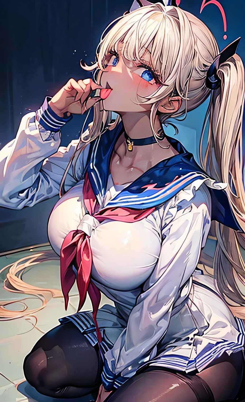 (masterpiece:1.2、Highest quality、Tmasterpiece)、(1 female)、alone、classroom、Day、(Squat:1.2)、whole body、beauty、blonde、Twin tails、blue eyes、(Sailor suit:1.4)、(Dark Skin:1.4)、break、Big Breasts、Long sleeve、lipstick、(pantyhose:1.2)、weaty、choker、blush、Covered breasts、Bangs braids、(Long Tongue:1.6)、((口を開けてフェラface:1.3)),(Spit drips:1.2)、(Hand gripping penis:1.2),(Blowjob pose:1.2),(Looking up:1.4),(forget oneself:1.4),(Open your mouth wide:1.2),(face:1.3),(Serve your boyfriend:1.6)