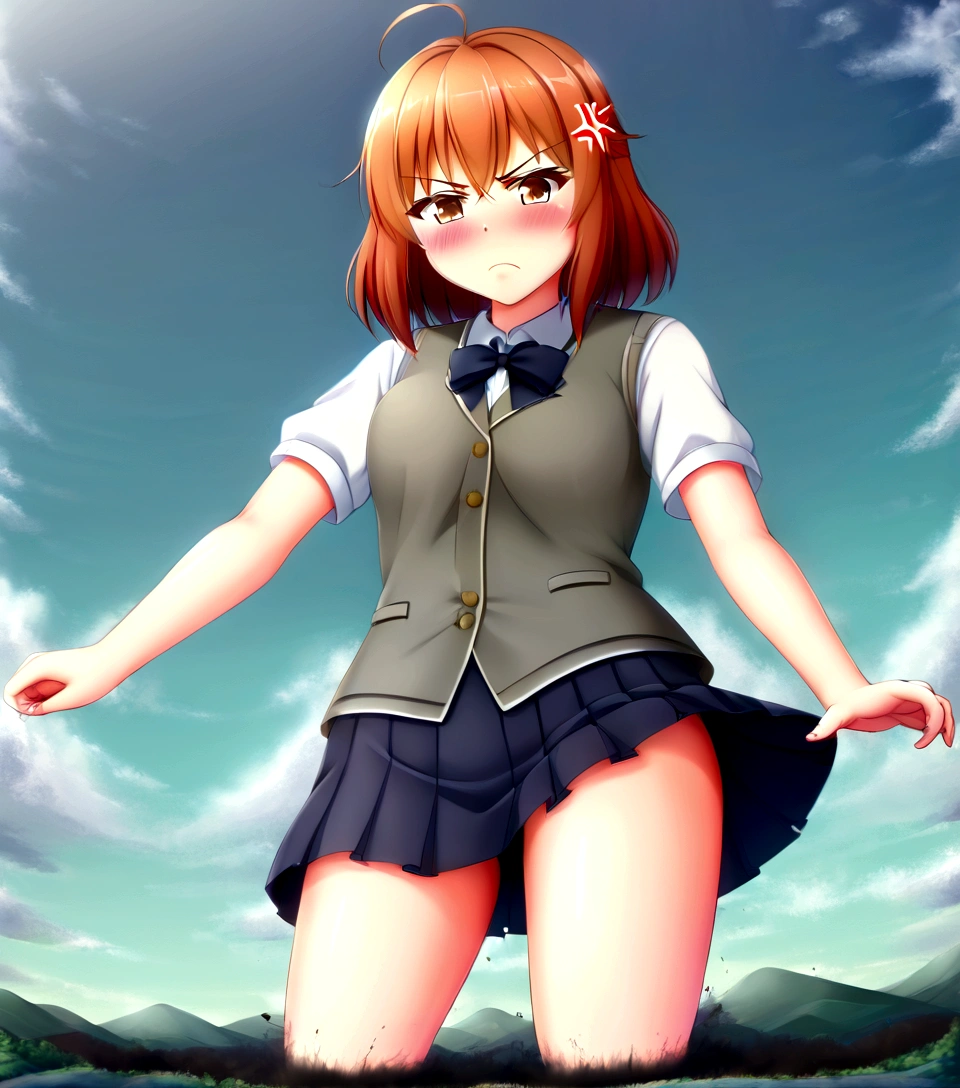 Giantessによって破壊される街、The city is in panic、Giantess girl、Destroyed urban area、Vision、walk、Highest quality、perfection、Beautiful woman、young、、Bob Hair、Grey vest、White short sleeve shirt、Black Skirt、summer、blush、Get angry、anger、Sunset、Beautiful scenery、Famous actress、model、Japanese、Sexy posing、giantess、Giantess、Destroyed urban area、Vision、explosion、fire、walk、Dark Imagery、A hopeless view