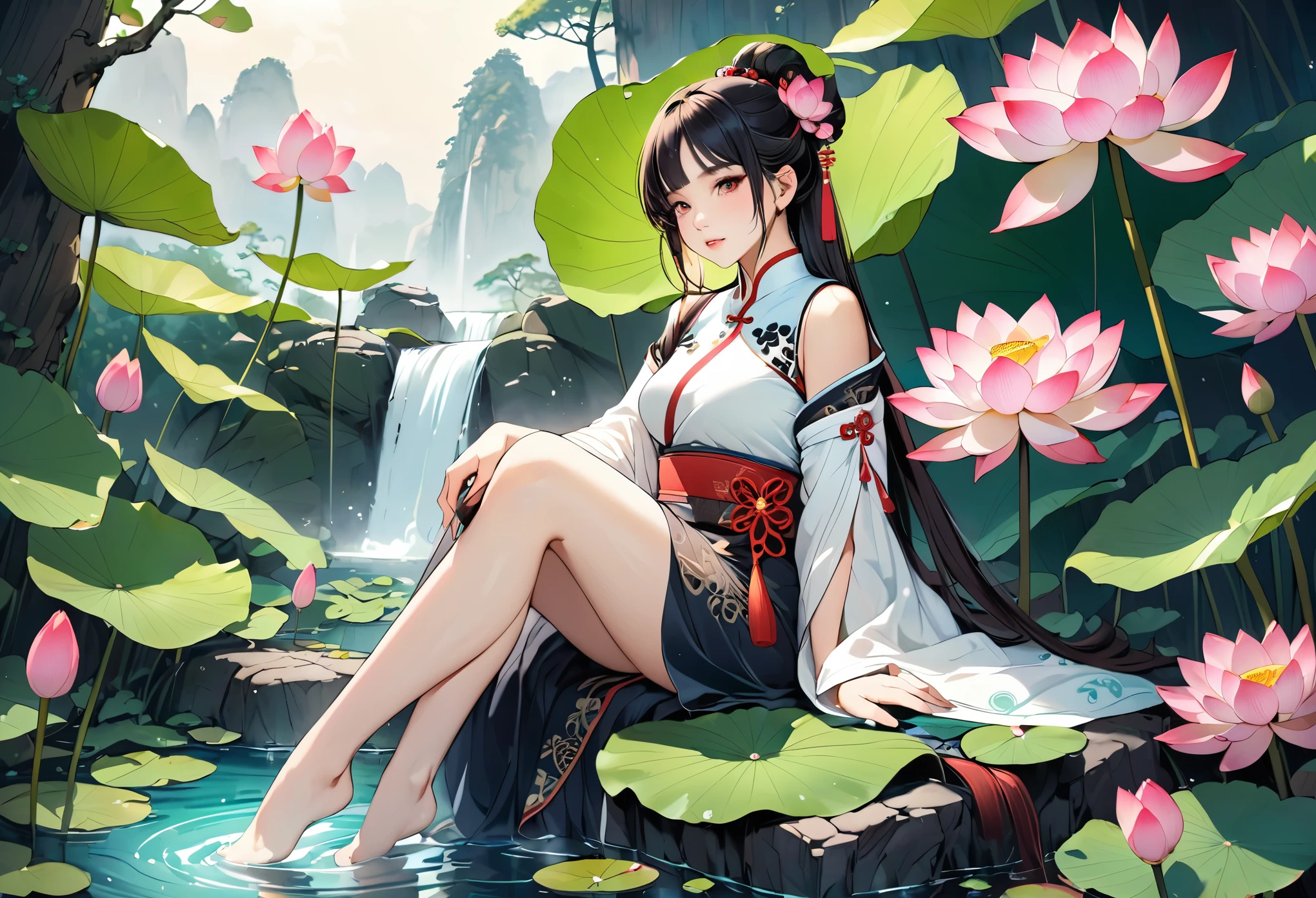An ancient Chinese beauty sitting on a stone, wearing ancient Chinese clothing, flowing tulle, light silk, lazy posture, large lotus leaf, lotus, colour pencil drawing, ink painting , illustration style, clean color, decisive cutting, blank, freehand, masterpiece, super detailed, epic composition, high quality, the highest quality, UHD, 8k --v 6,
