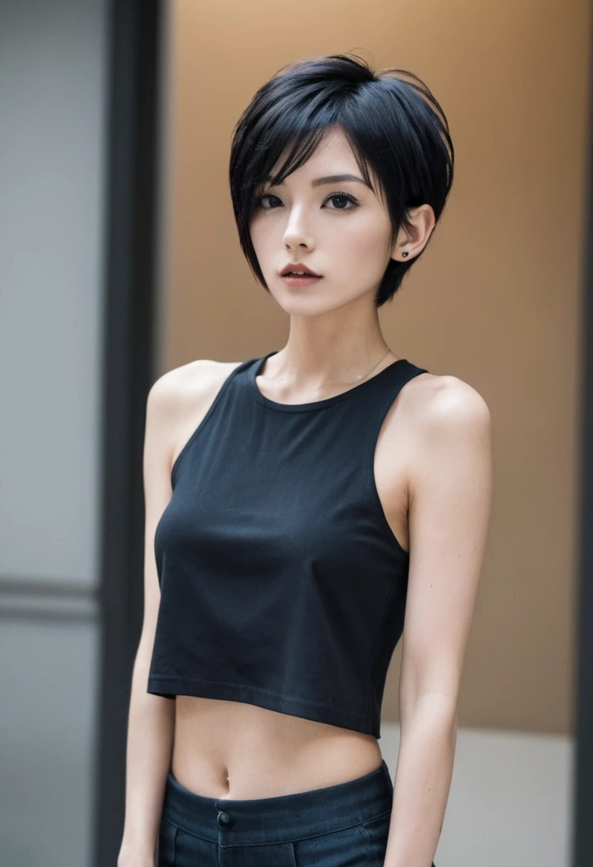 Skinny body, with abs and tattoos , short black hair and marked jaw
