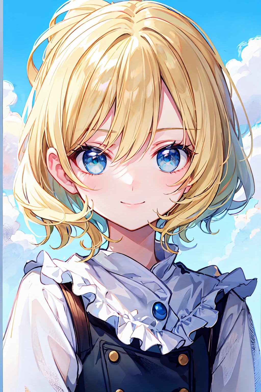 Best image quality, 4K, masterpiece, r, White and soft skin, Short blonde, Fluffy hair, blue eyes, green,Matured a bit, Lovely and soft, young, Reverent Eyes, Beautiful Hair, View Lens, Face Focus, smile, Delicate facial features, Front lighting, Front light source, Portraiture, Face enlargement, Face close-up, Above the shoulders, A nice feeling, A great pose to catch your eye, Portraiture効果, Blue sky and white clouds, rosette
