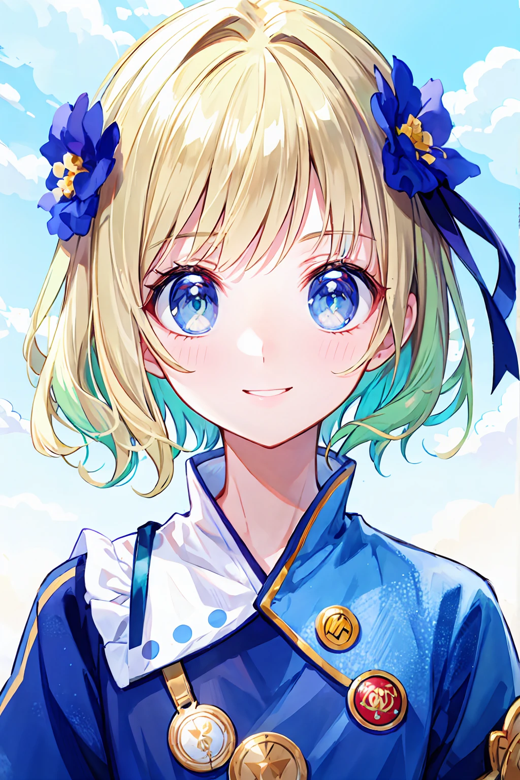 Best image quality, 4K, masterpiece, Teenager, White and soft skin, Short blonde, Fluffy hair, blue eyes, green，Matured a bit, Lovely and soft, young, Reverent Eyes, Beautiful Hair, View Lens, Face Focus, smile, Delicate facial features, Front lighting, Front light source, Portraiture, Face enlargement, Face close-up, Above the shoulders, A nice feeling, A great pose to catch your eye, Portraiture効果, Blue sky and white clouds, rosette