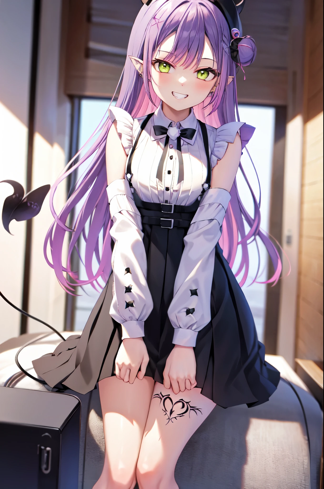 1girl, solo, towa_2, green eyes, multicolored hair, purple hair, pink hair, medium hair, single hair bun, black headwear, tail, demon tail, piercing, white shirt, black skirt, bare shoulder, X hair ornament, pleated skirt, high-waist skirt, frilled shirt, streaked hair, suspender skirt, horns, leg tattoo, cowboy shot, indoor, cafe, sitting, pointy ears, black bowtie, frilled sleeves, smile, grin, sleeveless
