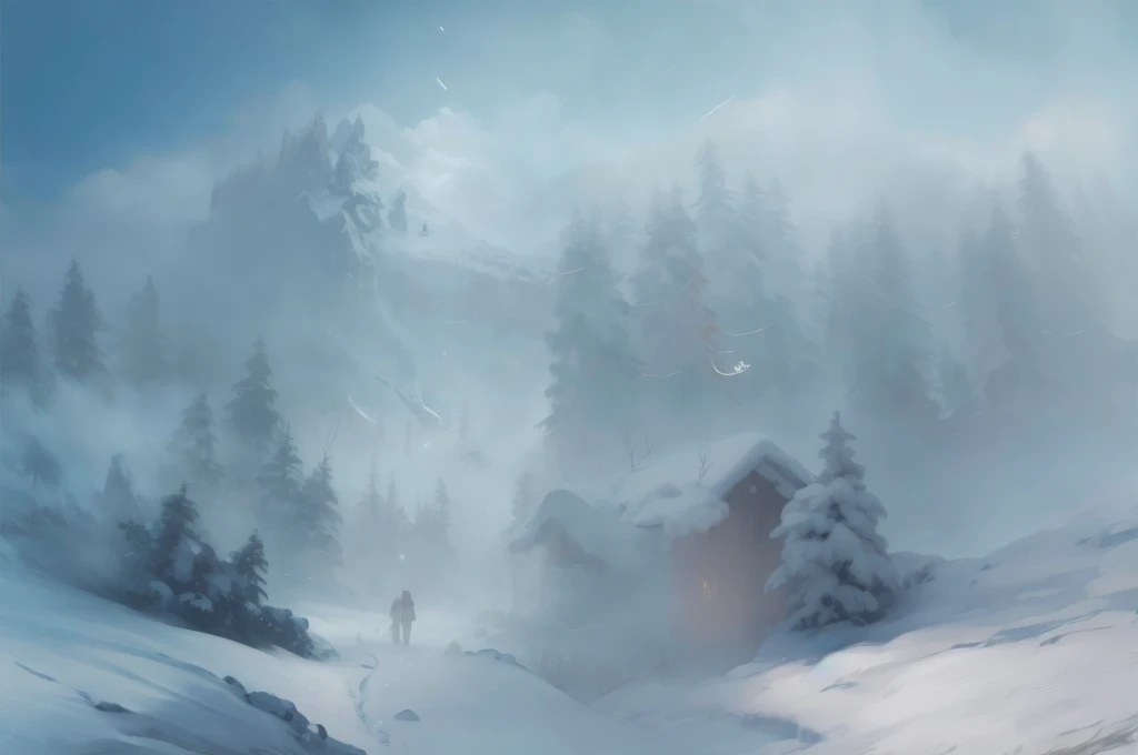 a foot path through the jungle covered in snow, soft light, sky, masterpiece