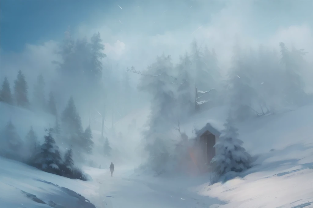 a foot path through the jungle covered in snow, soft light, sky, masterpiece