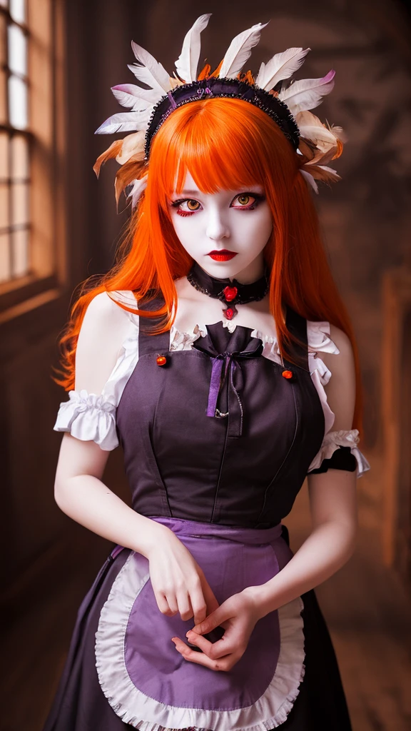 masterpiece, Highest quality, One girl, Purple eyes, Orange Hair,Maid headdress, Maid,吸Blood鬼、tooth、Blood、Western-style building。darkness