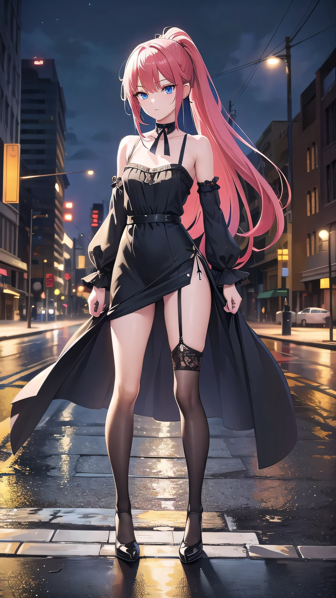 Masterpiece, top quality, best quality, official art, beautiful and aesthetic, anime, 1girl,extremely detailed, colorful, more detailed ((ultra-detailed)), (highly detailed CG illustration),Best Quality, High resolution, Unity 8k Wallpaper, (Illustration:0.8), (Beautiful detailed eyes:1.6), extra detailed face, Perfect Lighting, extremely details CG, (Perfect hands, Perfect Anatomy),city,street,night,wet road,reflections,lights,red long hair, ponytail,blue eyes, hairpin,black choker,skinny fit,small breast, small ass,long legs,long dress,stockings, in middle,full body.