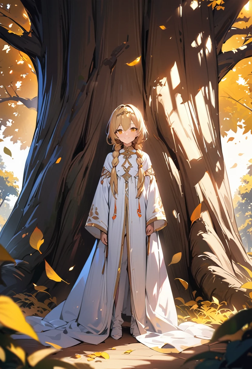 1boy, long absolutely overflowing blonde hair loosely braided, golden eyes, subtle holy glow, small golden circlet, looking at viewer, smiling, white robes, flat , girly boy, gigantic tree with golden leaves background, textured skin, award winning, high details, incredible high-key lighting and shadows, masterpiece, UHD, UHD, UHD, UHD