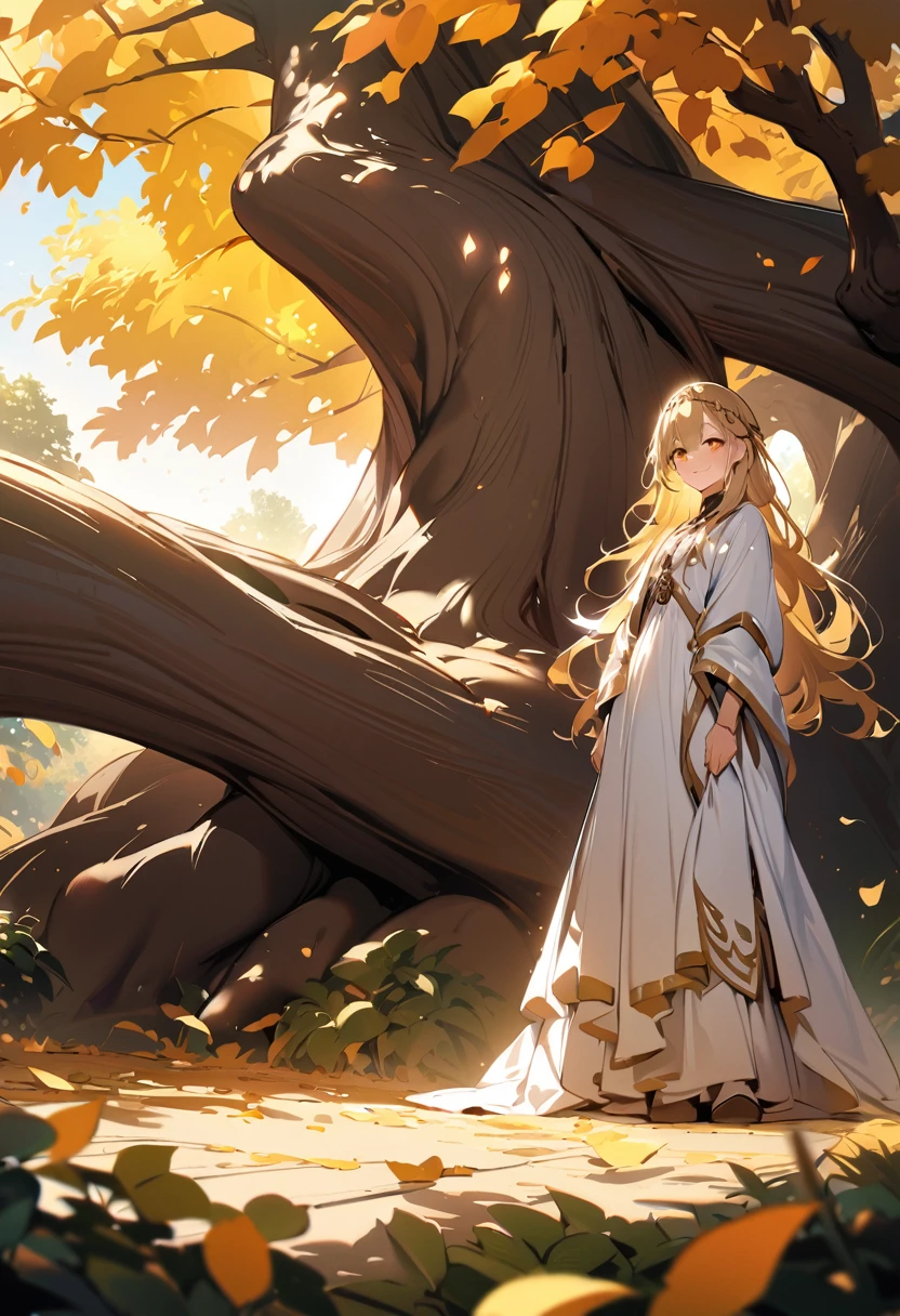 1boy, long absolutely overflowing blonde hair loosely braided, golden eyes, subtle holy glow, small golden circlet, looking at viewer, smiling, white robes, flat chest, girly boy, gigantic tree with golden leaves background, textured skin, award winning, high details, incredible high-key lighting and shadows, masterpiece, UHD, UHD, UHD, UHD