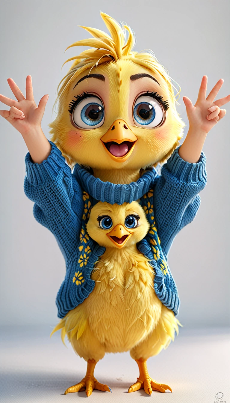 cute yellow chick, cartoon,arms, hands ,cute eyes, looking at viewer, arms up, white background, blue eyes, sweater