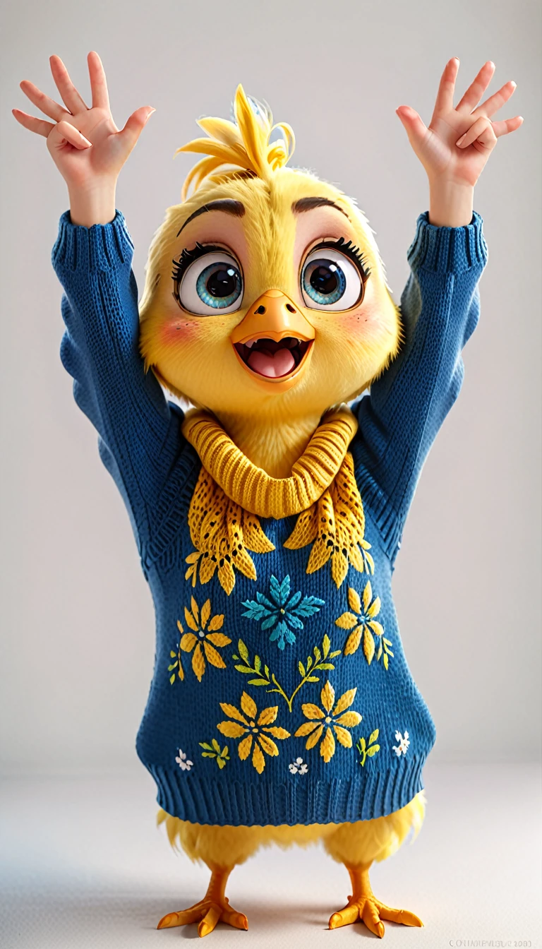 cute yellow chick, cartoon,arms, hands ,cute eyes, looking at viewer, arms up, white background, blue eyes, sweater