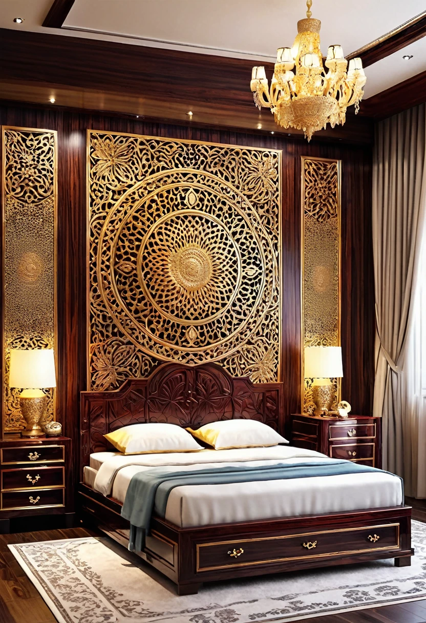A beautiful bedroom made of rosewood decor design, intricate patterns, gold color,