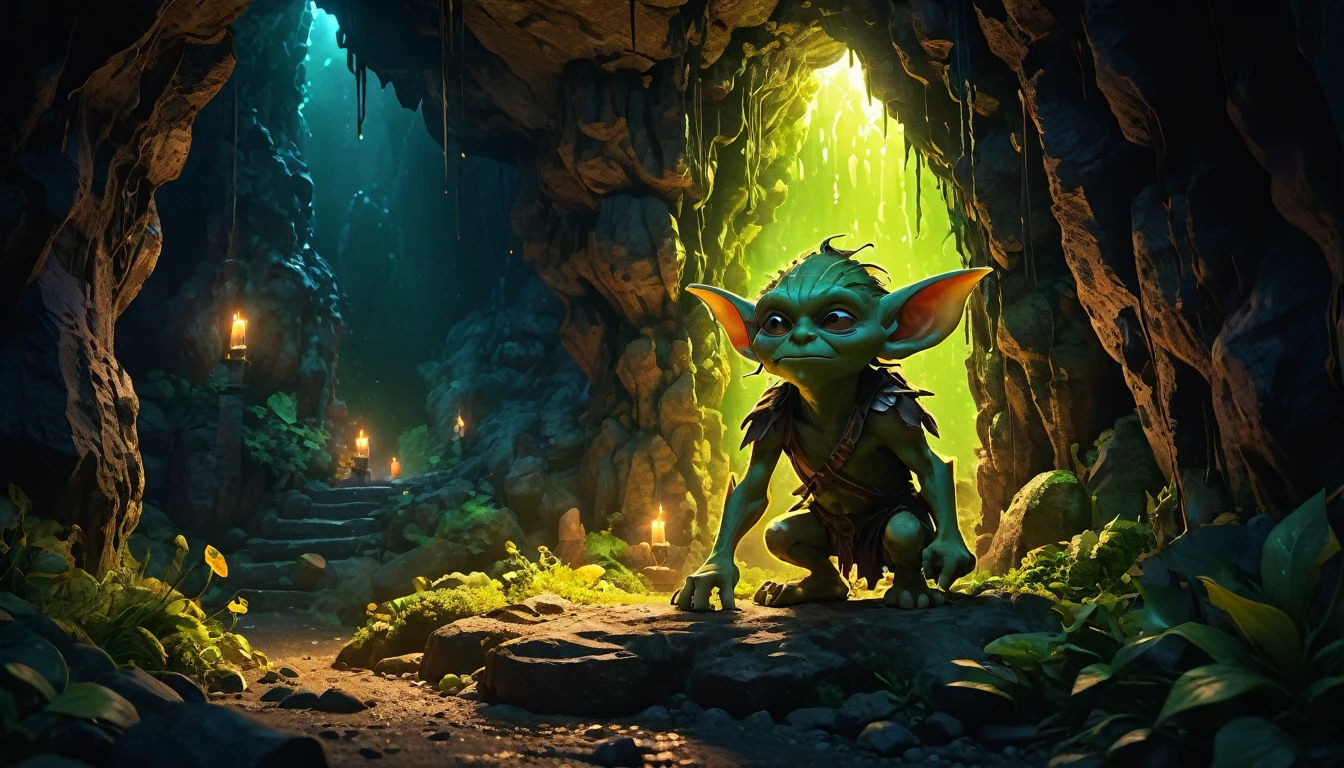 (anime, fantasy), (best quality, high resolution, depth of filed, HDR:1.2), (cave, stalagmite, goblin liar, small tunnel, isolated tunnel, dark tunnel: 1.5,), vibrant colors, spooky, enchanted, goblin totem, black magic atmosphere, extremely detailed, intricate, delicate, dark fantasy, bokeh, cinematic lighting, 8k, high quality