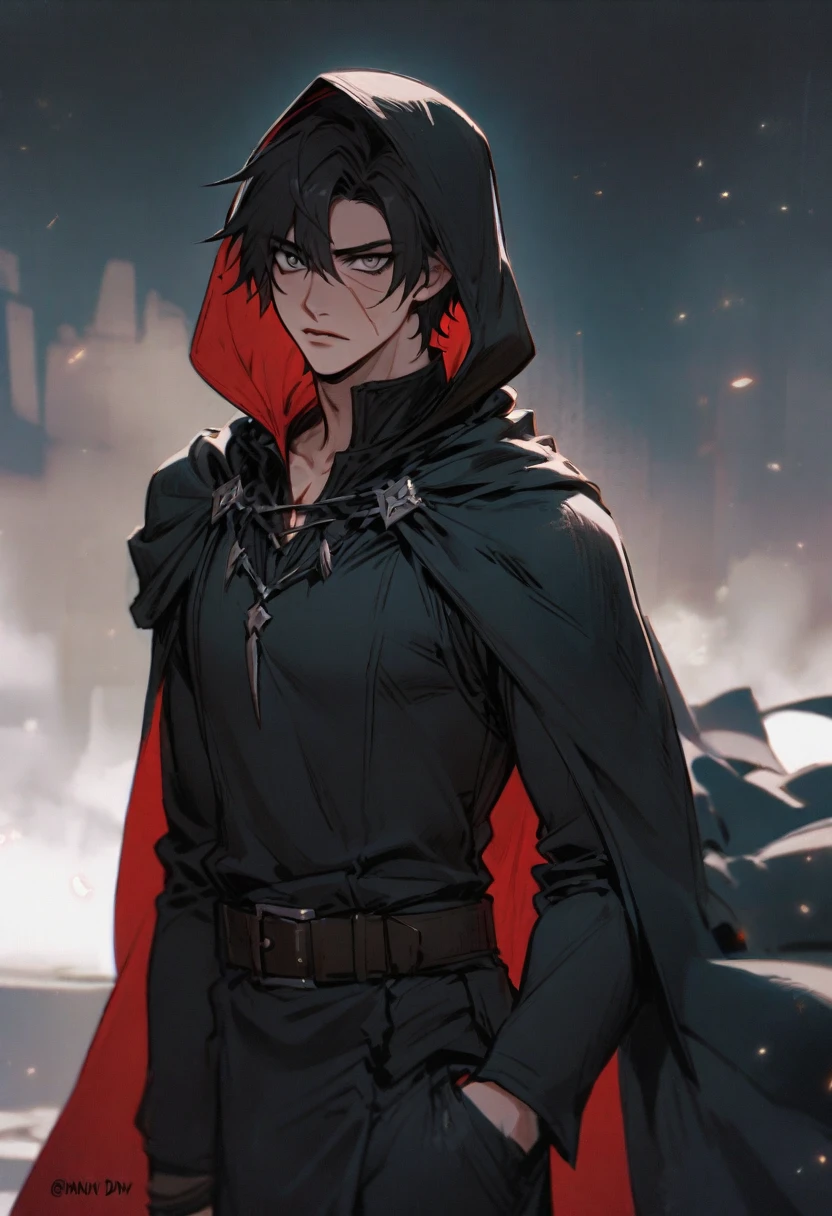 young man ,Male Dark, Red & Black colors, gray eye, rogue dnd, wear cape, hood, have scar