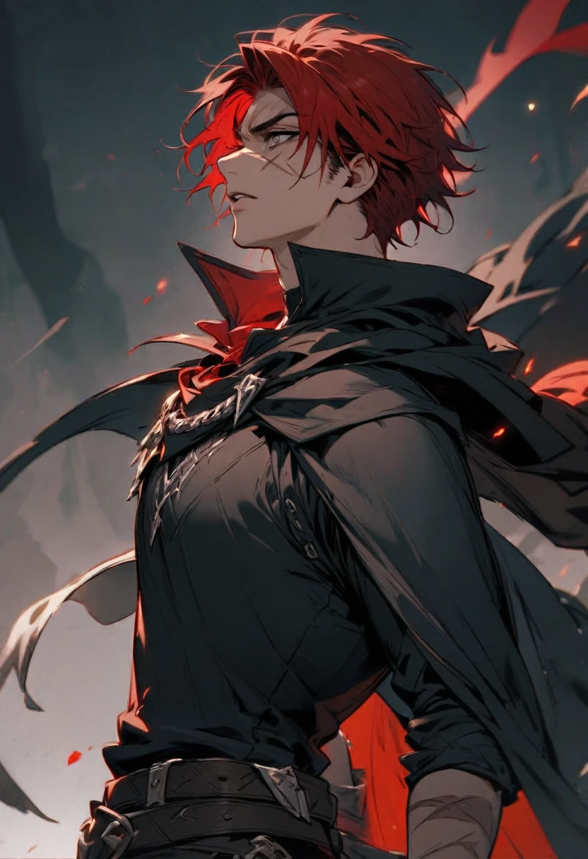 young man ,Male Dark, Red & Black colors, gray eye, rogue dnd, wear cape, hood, have scar