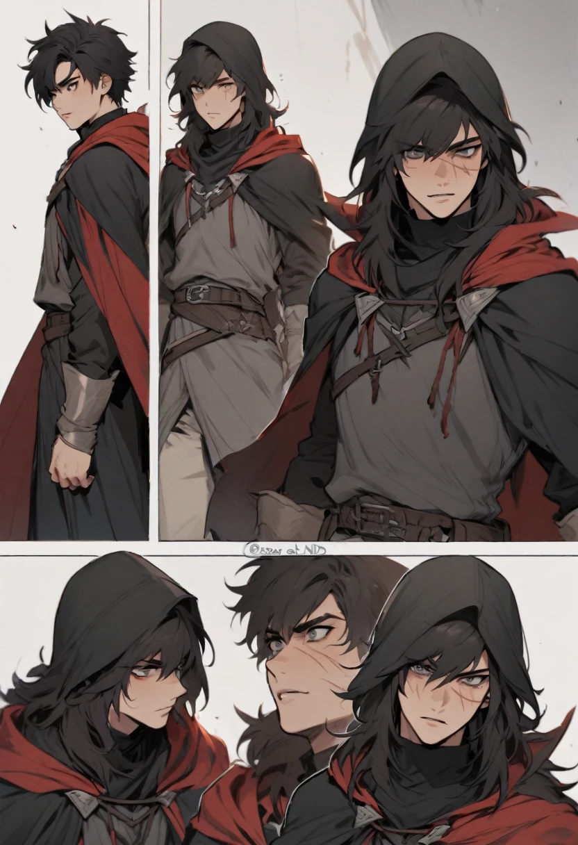 young man ,Male Dark, Red & Black colors, gray eye, rogue dnd, wear cape, hood, have scar