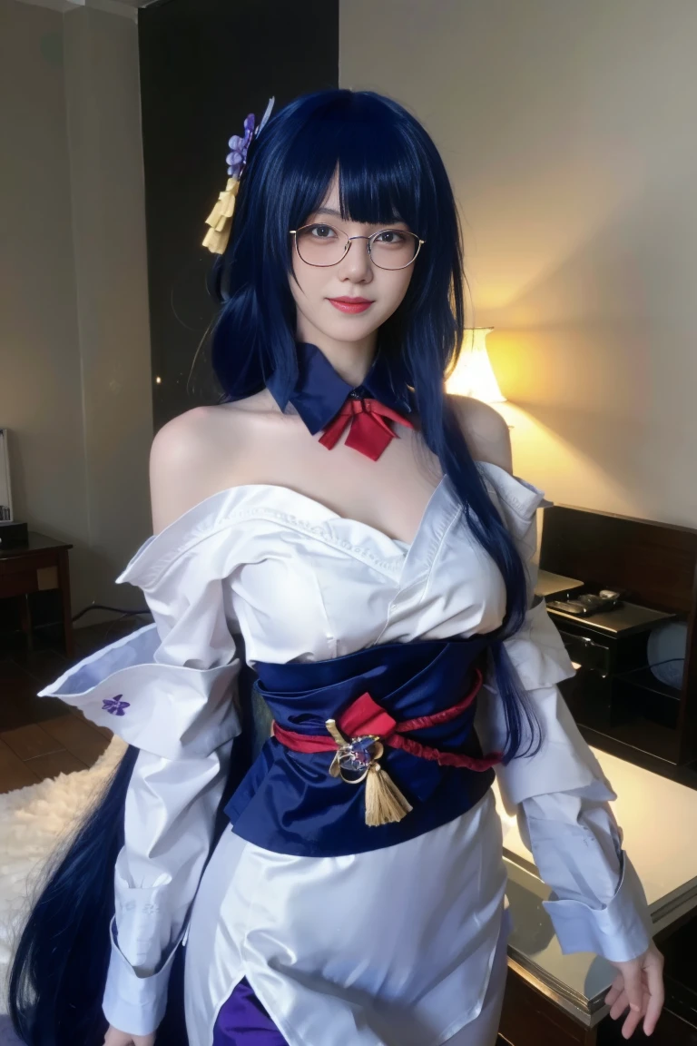 best quality, tmasterpiece,Ultra-high resolution,Clear face,(Reality:1.4),ferpect lighting,(upper body photo), (photorealistic:1.50), anime wallpaper, Guviz style artwork, cover-up fantasy up to magic , by Yang J, Guviz, beautiful artwork illustration, beautiful digital artwork, beautiful digital illustration, Li Song, beautiful anime portrait, art style in Beauvot, 1girl, 独奏, (medium Breasts: 1.2), Smile, Home, long hair, Ponytail hair, purple hair, (Glasses), bangs, White dress, Bare shoulders, (standing), upper body, smile, Inside the house, Glass, purple eyes, hair ornament,