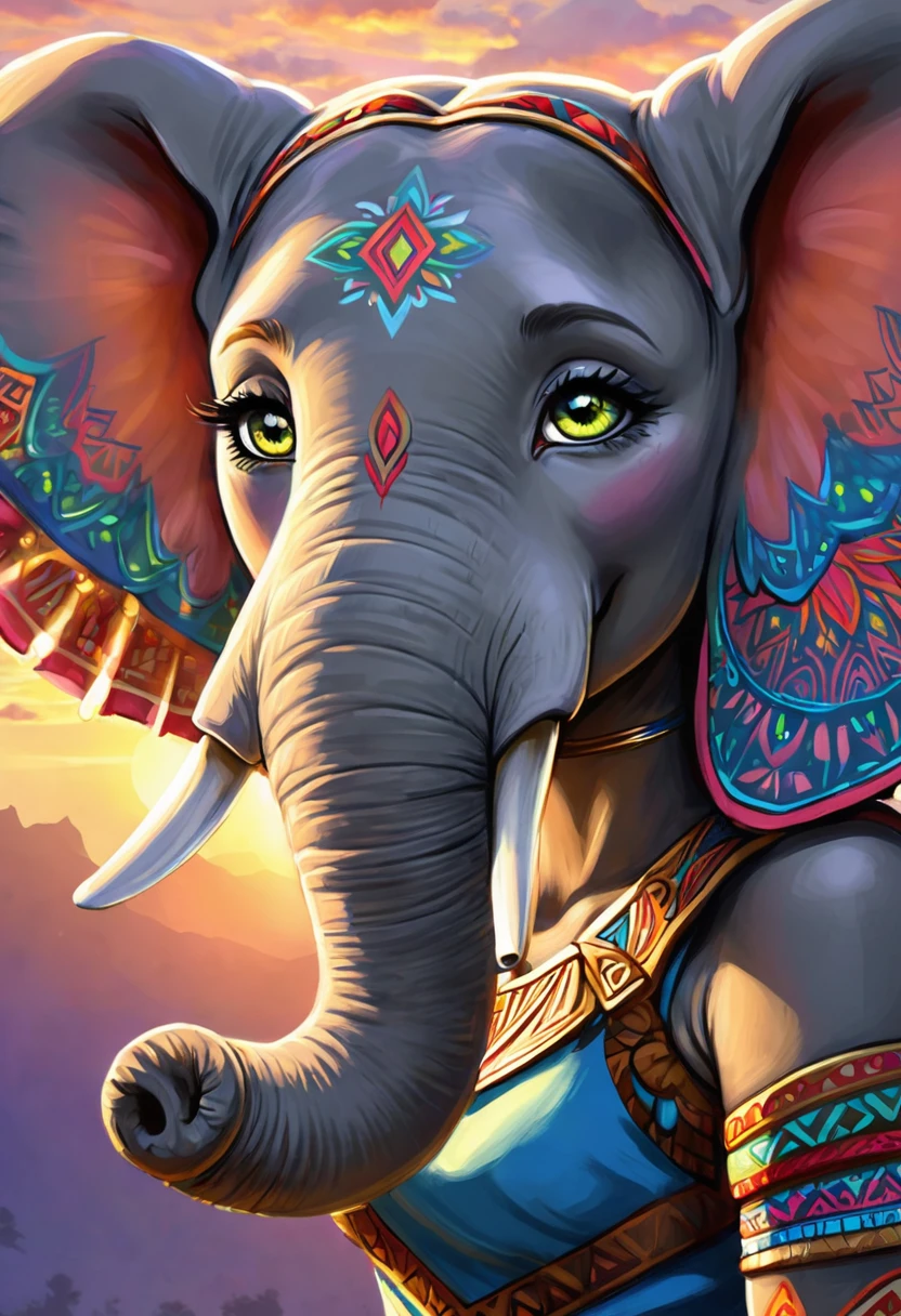 Create an illustrated, hand-drawn, full-color image of an anthropomorphic elephant girl. The artwork should be rendered in the style of "Breath of the Wild," featuring warm lighting and shadows. Include graphite shading, stencil marks, and airbrushed acrylic paint effects. The image should be of the highest quality, a masterpiece with intricate details. The elephant girl should have a female, humanoid, furry appearance with grey skin. She should have luscious lips, a wide smile, and bright, expressive eyes, exuding beauty, cuteness, and adorableness. Ensure the image is high resolution and sharply detailed, with a detailed and vibrant background. Incorporate mystical lighting in the background, creating a romantic and enchanting atmosphere.
