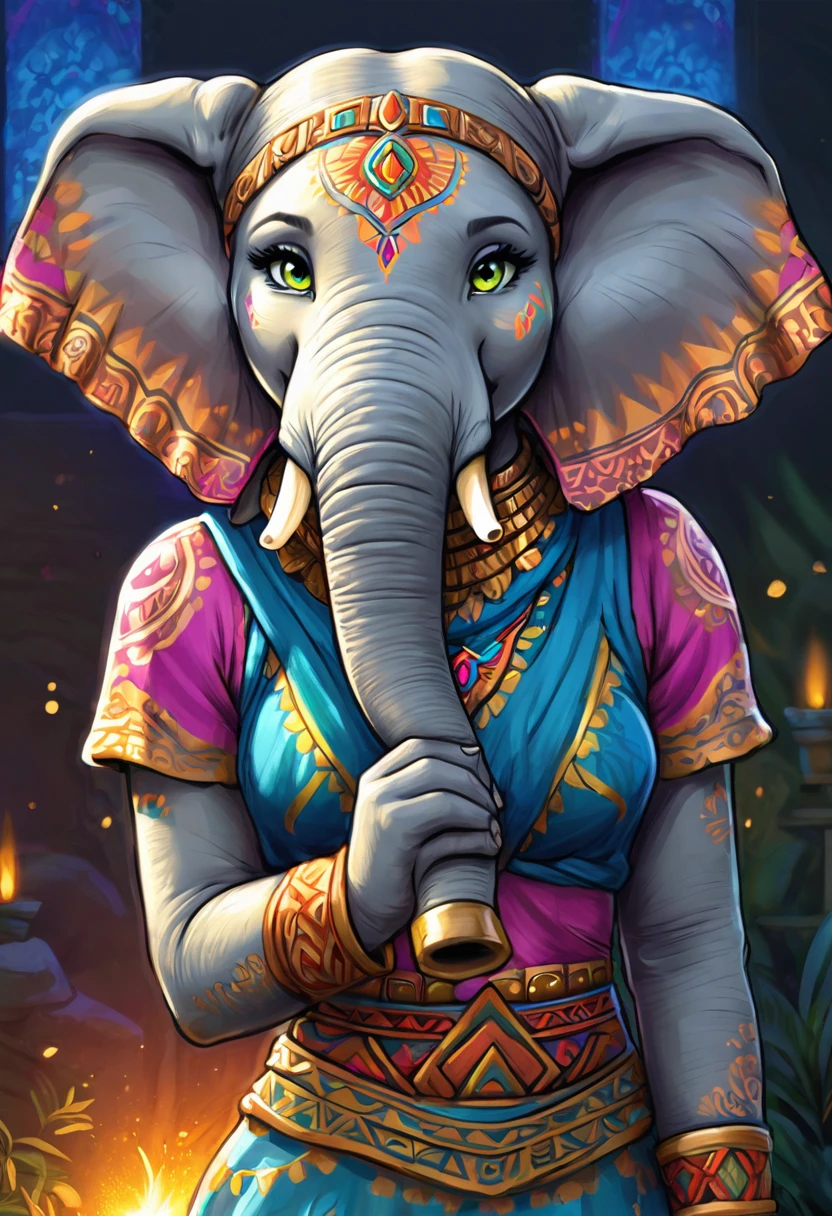 Create an illustrated, hand-drawn, full-color image of an anthropomorphic elephant girl. The artwork should be rendered in the style of "Breath of the Wild," featuring warm lighting and shadows. Include graphite shading, stencil marks, and airbrushed acrylic paint effects. The image should be of the highest quality, a masterpiece with intricate details. The elephant girl should have a female, humanoid, furry appearance with grey skin. She should have luscious lips, a wide smile, and bright, expressive eyes, exuding beauty, cuteness, and adorableness. Ensure the image is high resolution and sharply detailed, with a detailed and vibrant background. Incorporate mystical lighting in the background, creating a romantic and enchanting atmosphere.