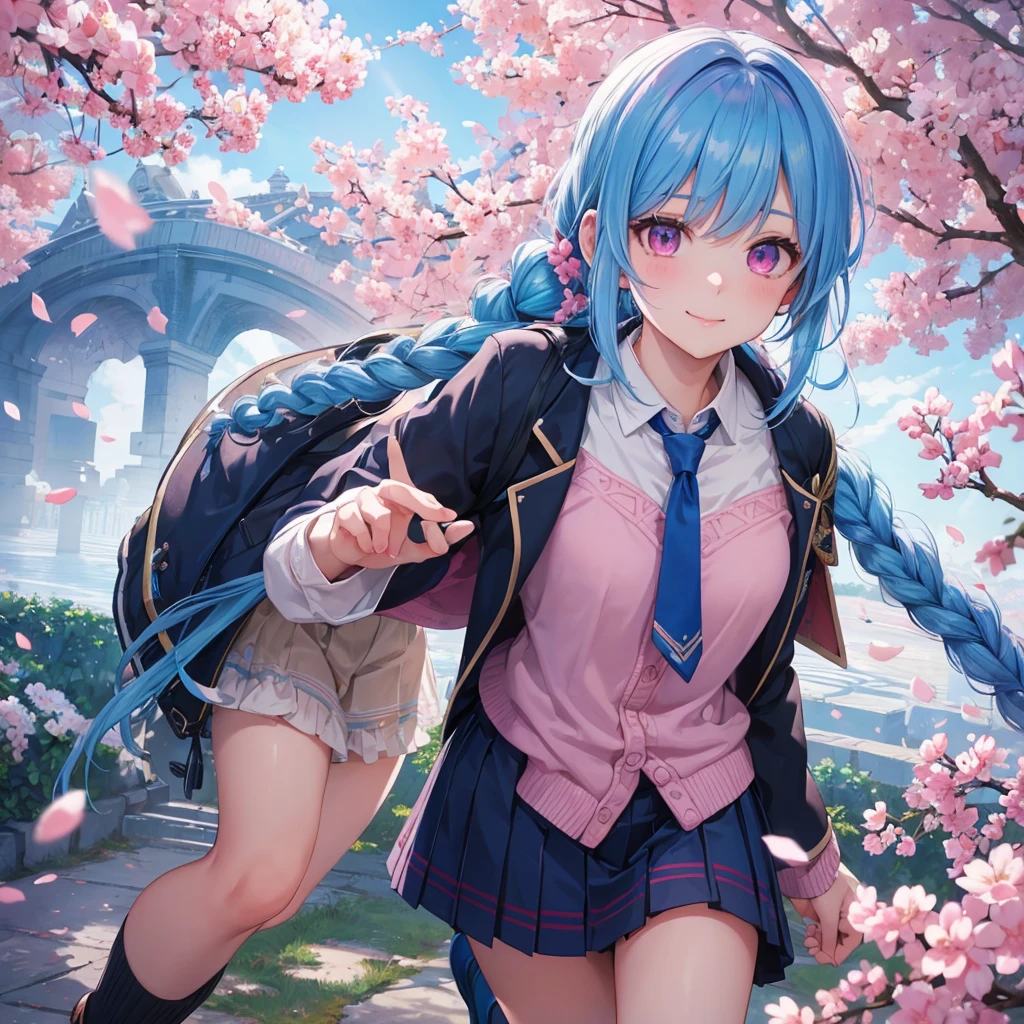 Sky blue hair, (Braided Ponytail),(Pink Eyes),Fair skin ,whole body,(1 Girl),Smile,spring, cherry blossoms, Knee-high socks for school,, blazer, Straight bangs,(masterpiece, Highest quality, Super detailed, Best Shadow), (Detailed Background), (Beautifully detailed face), High Contrast, (Best lighting, Very delicate and beautiful), ((Cinematic Light)), colorful, Hyper Detail, Dramatic Light, Intricate details,sunshine,Leaning forward,