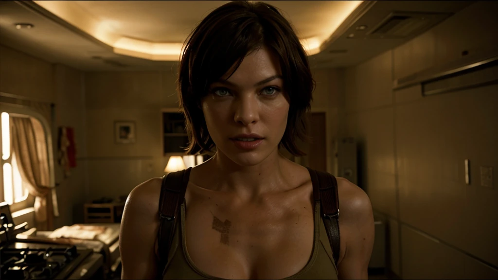 A beautiful, badass mature Milla Jovovich as a Resident Evil character, hyper-realistic, (muscular body:0.5), (massive perfect breasts), (snoopy breasts:1.0), short black haircut, closeup portrait, photo-realistic, 8k, highly detailed, cinematic lighting, dramatic colors, dark and moody atmosphere, dramatic pose, intense gaze, professional photography,, closeup portrait,,upper body, naked breast,,, realistic skin texture,,,