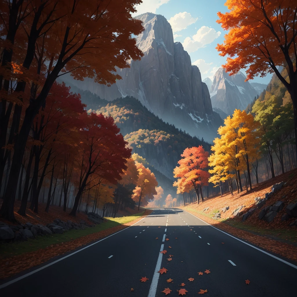 Fallen leaves on the road in the mountains., Atey Ghailan 8K, Inspired by Sylvain Sarrailh, makoto shinkai cyril rolando, 4K Concept Art Wallpaper, Digital painting concept art, cyril rolando and goro fujita, inspired by Atey Ghailan
