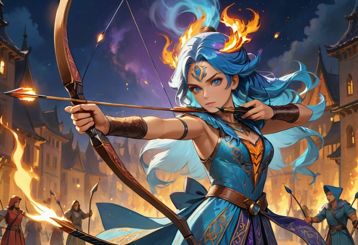 a picture of fire sorceress firing a flaming arrow from a magnificent epic bow, an (elite glamour beautiful: 1.2), fire sorceress, ultra detailed face,  perfect face, blue hair, long hair, wavy hair, wearing wild glamour dress, intricate dress, purple dress , with fire patterns on it, aiming an epic bow with a flaming arrow,  dynamic bow, sting drawn to the cheek , arrow ready to be shot, dynamic bow, sting drawn to the cheek , arrow ready to be shot, it is night, moon light, starry night, cloudy night,  high details, best quality, 16k, [ultra detailed], masterpiece, best quality, (extremely detailed), dynamic angle, full body shot, fantasy urban street at night bacground, Aiming a Bow, bow (weapon), firing and arrow, faize, 