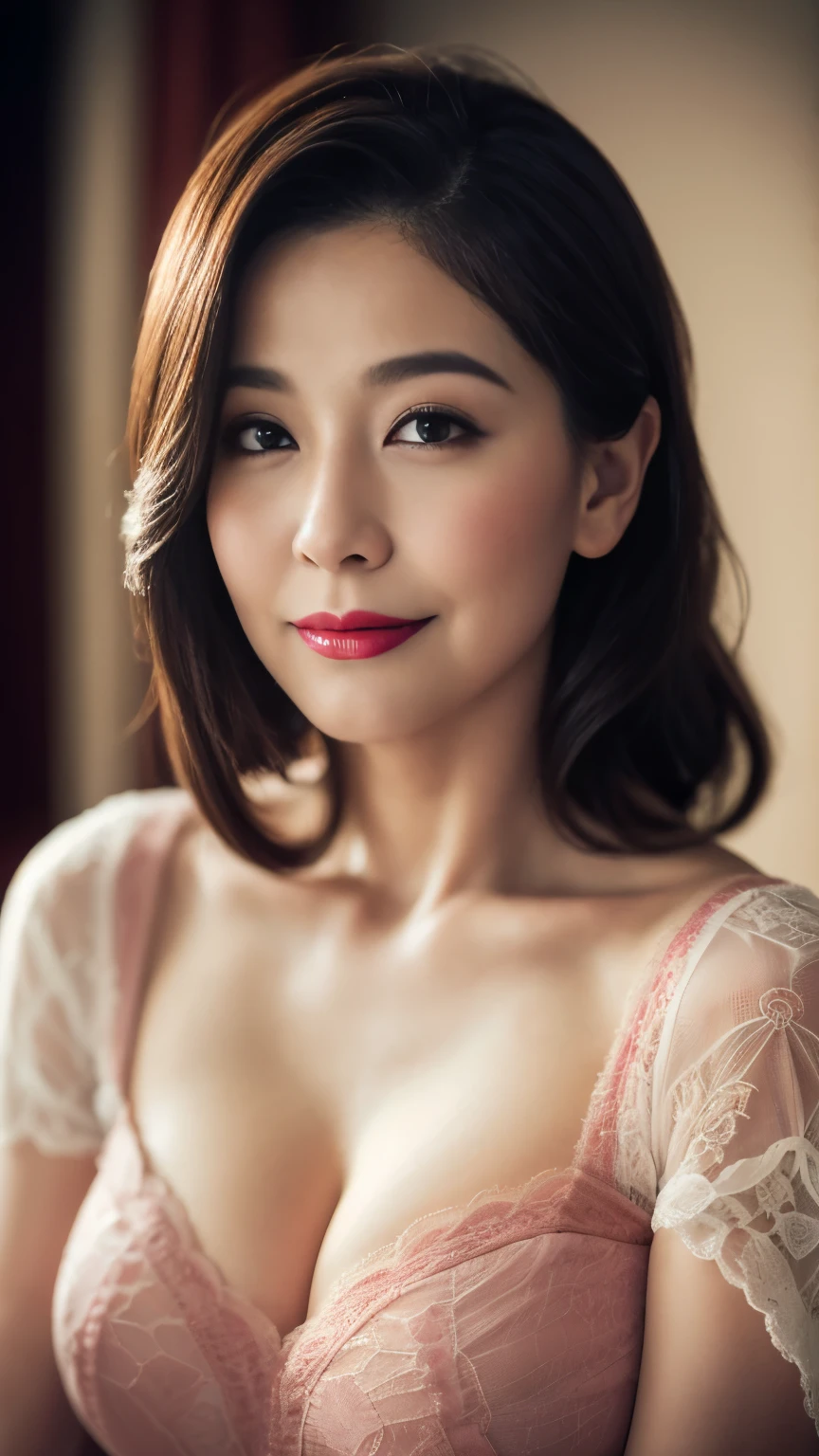 ((highest quality、8K resolution、master masterpiece、professional photography)), Photoreal, (Beautiful at 20 years old:1.3), (wrinkled face:1.2)、(1 female:1.2)、(elegant pink lace clothing:1.1)、wrinkles around the eyes,stand gracefully、(plump and soft body、clavicle)、the most elegant and beautiful hairstyles、Romantic evening、(A sad smile staring at me:1.2)、Beautifully shaped big breasts、soft and beautiful cleavage、perfect makeupアップ,Dark red lipstick,perfect makeup,eye shadow、long eyelashes、luxurious and romantic lighting、very moody and romantic、low contrast、gorgeous portrait photography、(Ultra high definition white skin)、blurred background、Feeling of love