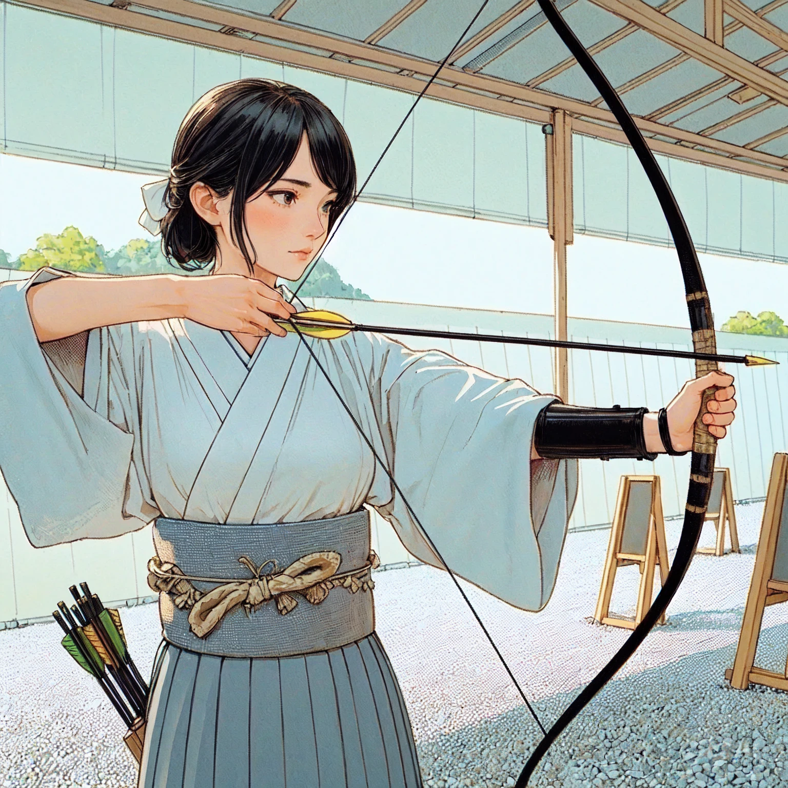 1lady standing, from side, (pulling bowstring to its limits) (holding simple black bow), (white kimono) (gray hakama), chest protector, (mature female:0.8), /(black hair/) bangs, (light smile:0.4), dignified, facing away, (masterpiece best quality:1.2) delicate illustration ultra-detailed, medium breasts BREAK (serene archery dojo) outdoors, (floor filled with (gravel)), Kyudo, Japan, noon, detailed background