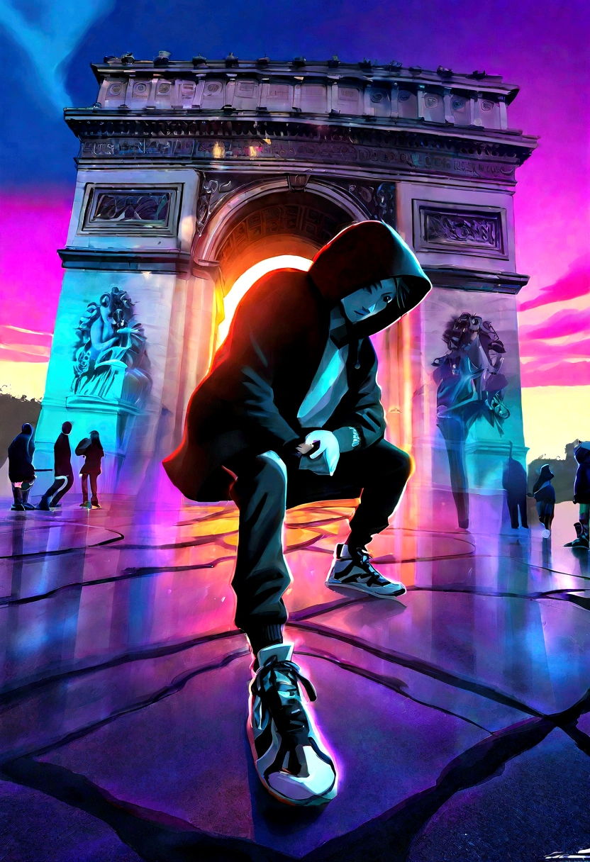 breakdance scene, fisheye lens, RossDraws style, 8K Ultra HD, emotion, breakdance dancer, black hooded coat, ripped knee-length pants, distressed sneakers, vibrant color palette, dramatic shadows, blur effect, Paris, Arc de Triomphe, sunset-lit sky, enchanting, magical, dramatic lighting, photorealistic realism, effervescent moment, urban movement, culture, skill, aesthetics, vibrant soul, inspired by Cyril Rolando, in style of cyril rolando, ross tran style, rob rey and kentaro miura style, rossdraws global illumination, epic digital painting