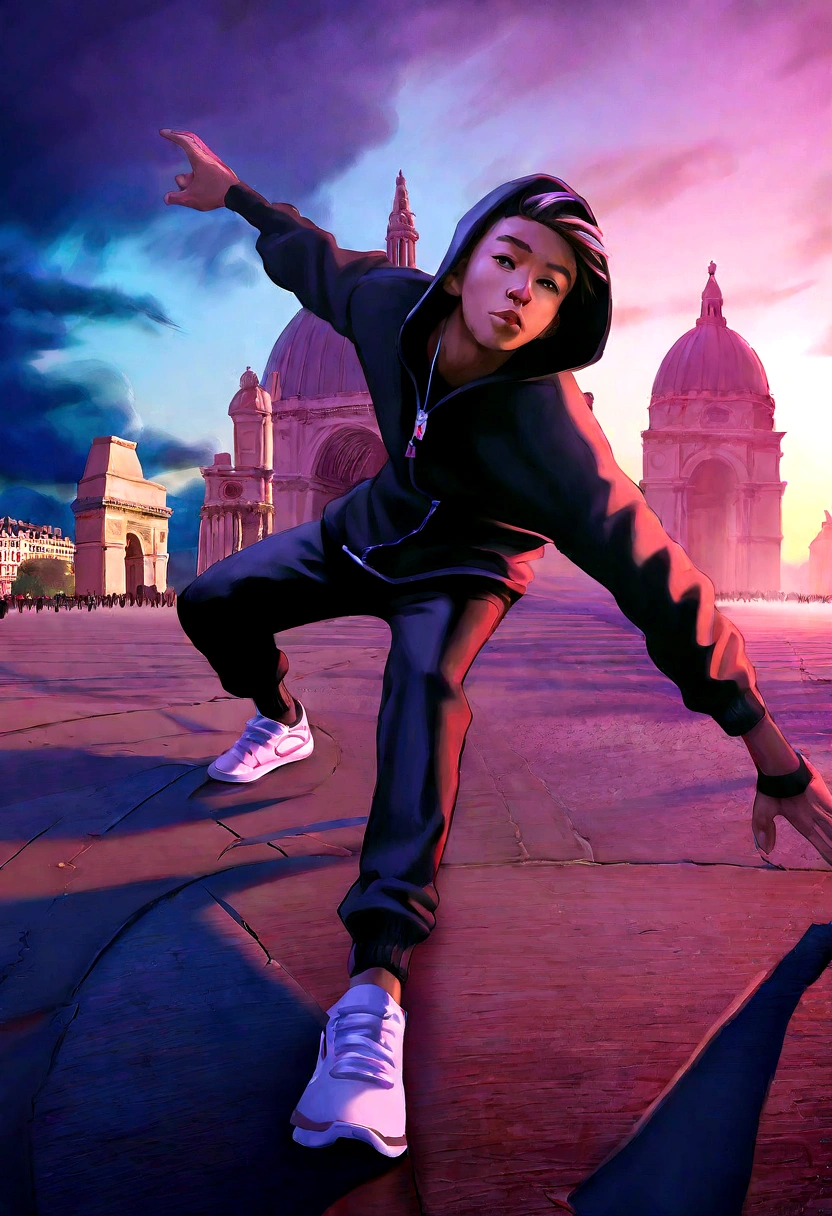 breakdance scene, fisheye lens, RossDraws style, 8K Ultra HD, emotion, breakdance dancer, black hooded coat, ripped knee-length pants, distressed sneakers, vibrant color palette, dramatic shadows, blur effect, Paris, Arc de Triomphe, sunset-lit sky, enchanting, magical, dramatic lighting, photorealistic realism, effervescent moment, urban movement, culture, skill, aesthetics, vibrant soul, inspired by Cyril Rolando, in style of cyril rolando, ross tran style, rob rey and kentaro miura style, rossdraws global illumination, epic digital painting