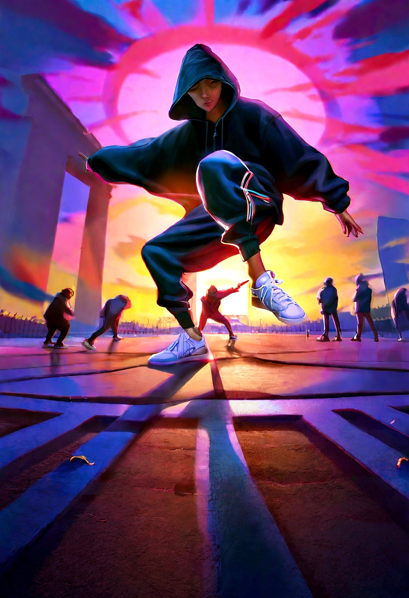 breakdance scene, fisheye lens, RossDraws style, 8K Ultra HD, emotion, breakdance dancer, black hooded coat, ripped knee-length pants, distressed sneakers, vibrant color palette, dramatic shadows, blur effect, Paris, Arc de Triomphe, sunset-lit sky, enchanting, magical, dramatic lighting, photorealistic realism, effervescent moment, urban movement, culture, skill, aesthetics, vibrant soul, inspired by Cyril Rolando, in style of cyril rolando, ross tran style, rob rey and kentaro miura style, rossdraws global illumination, epic digital painting