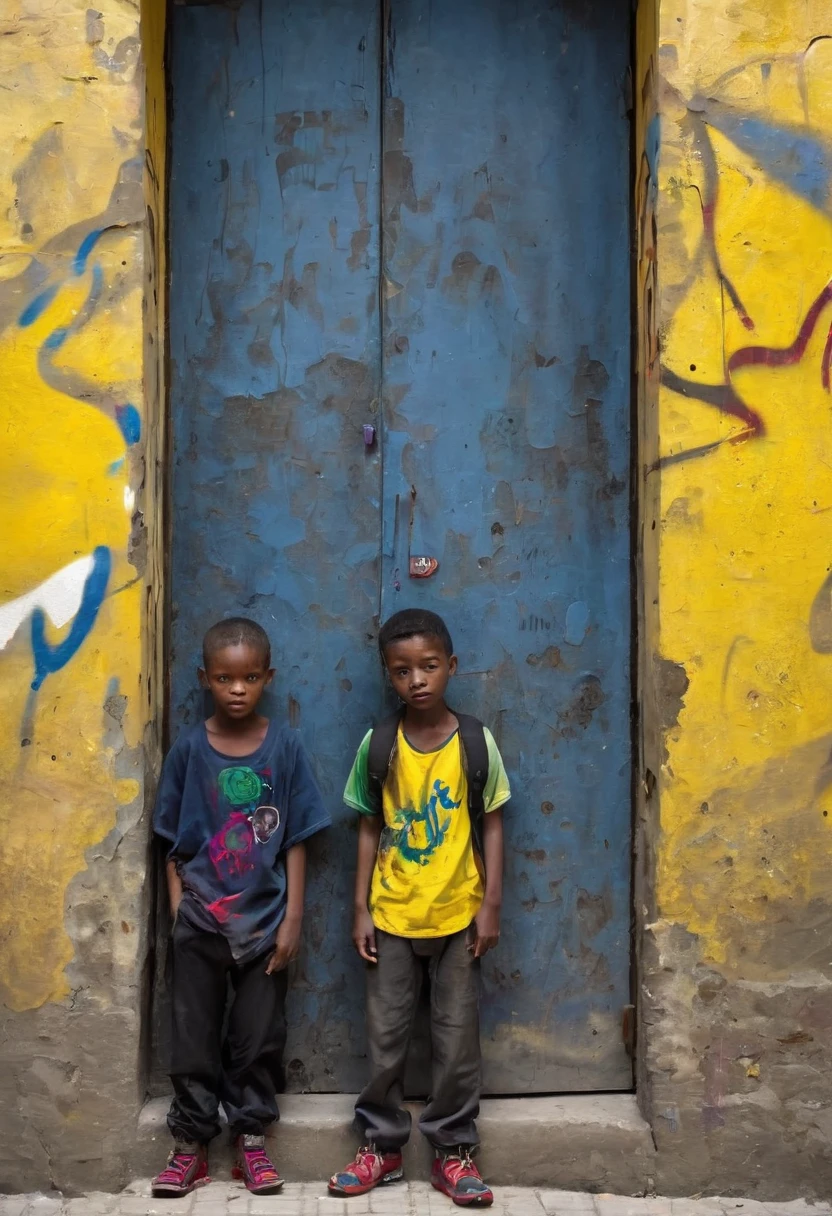 scenario: A dark, dirty alley with walls scrawled with graffiti and graffiti. Uma Dappled Light de um poste ilumina o centro do beco.
figuras:
children (12-15 years): Represent children of diverse ethnicities, with expressions of anguish and despair, holding objects related to drug trafficking or weapons.
Muleke (15-18 years old): Represent a young man with a cold and distant look, of different ethnicity than the children, selling drugs to them.
"Jah&#39;s Floral": Paint one "Jah&#39;s Floral" faded and scrawled on one of the alley walls.
colors: Use dark tones like gray, blackw, dark blue, with red details (bloodstains, danger) and yellow (Dappled Light).
atmosphere: The image should have a heavy atmosphere, full of despair, violence and hopelessness, but with a trace of hope symbolized by the "Jah&#39;s Floral".
detaileds:
The image must highlight the vulnerability of youth and the cultural diversity present in communities.
The presence of "Jah&#39;s Floral" must show the fragility of faith in the midst of urban violence.
Children&#39;s expressions must be impactful, conveying the cruel reality of the streets and the lack of opportunities.