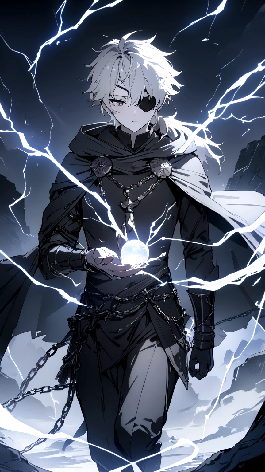 Anime character. A man, he was medieval. 27 years old, large body, cold gaze, cold expression, white skin, short and messy gray hair, ponytail, left eye patch, black clothes, black shirt, dark cape with hood, several chains. frontal camera. Walking under the red moonlight. White electricity emanating from his body, black electricity emanating from his left hand. Iris of the right eye glowing white. Thunderous white lightning. (best quality, 4k, 8k, high resolution, masterpiece: 1.2)