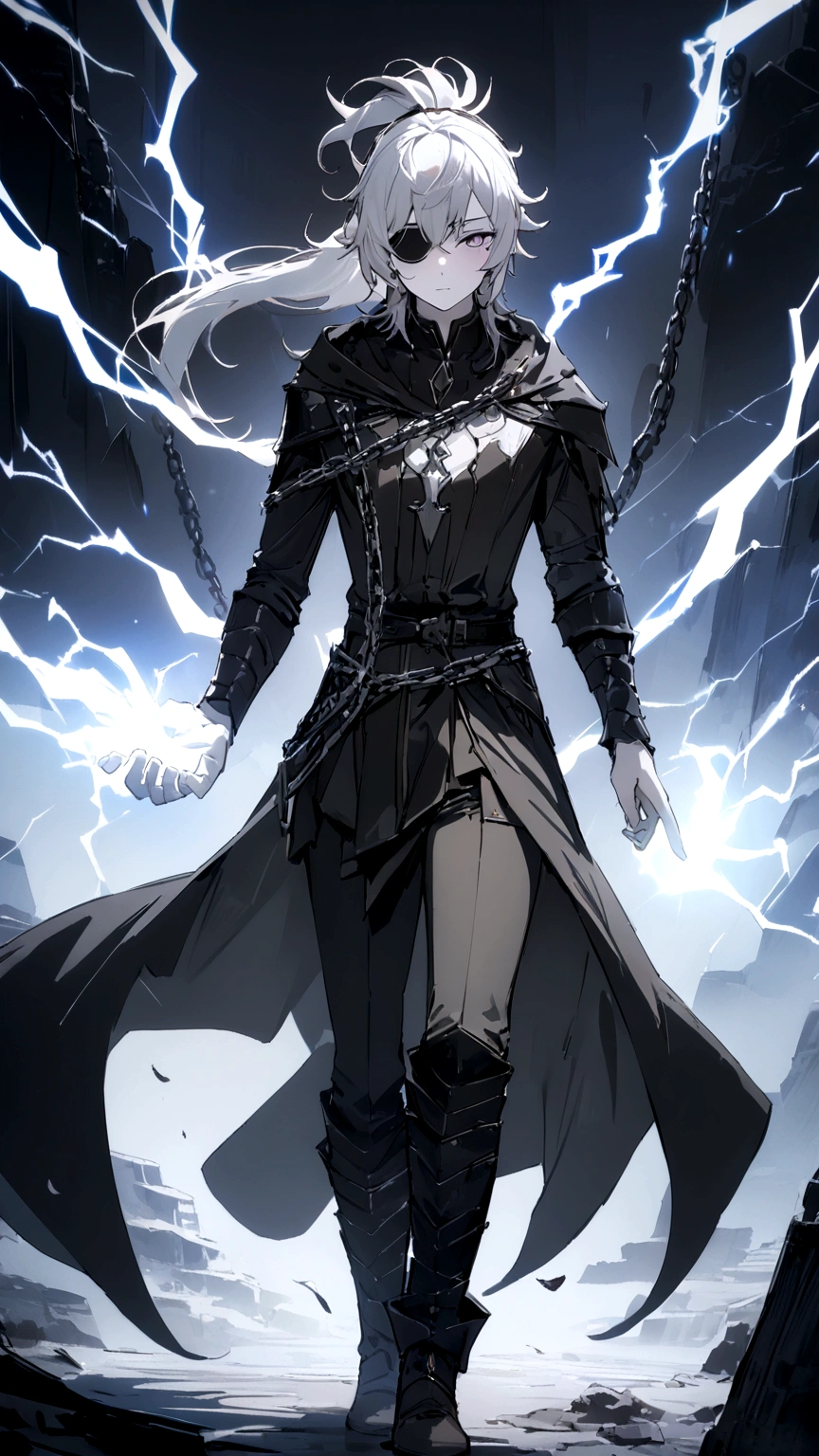 Anime character. A man, he was medieval. 27 years old, large body, cold gaze, cold expression, white skin, short and messy gray hair, ponytail, left eye patch, black clothes, black shirt, dark cape with hood, several chains. frontal camera. Walking under the red moonlight. White electricity emanating from his body, black electricity emanating from his left hand. Iris of the right eye glowing white. Thunderous white lightning. (best quality, 4k, 8k, high resolution, masterpiece: 1.2)