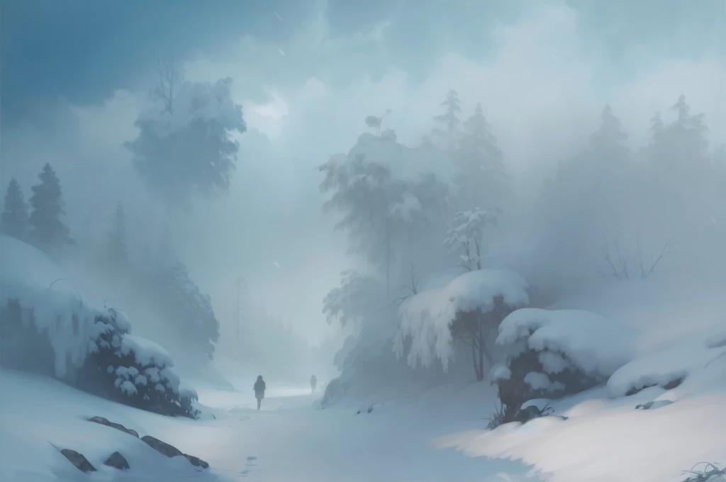 a foot path through the jungle covered in snow, soft light, sky, masterpiece