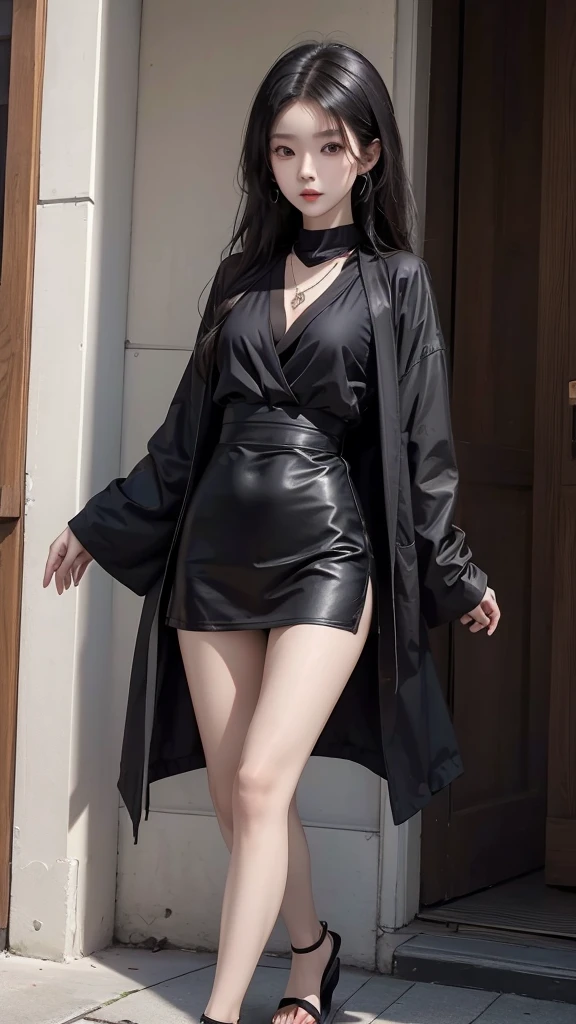 Beautiful Japanese girl wearing a black robe jacket wearing a black shirt and black trousers wearing sandals and a black chopper necklace, showing off her slim stomach, black hair, photo in the city (masterpiece) 8k