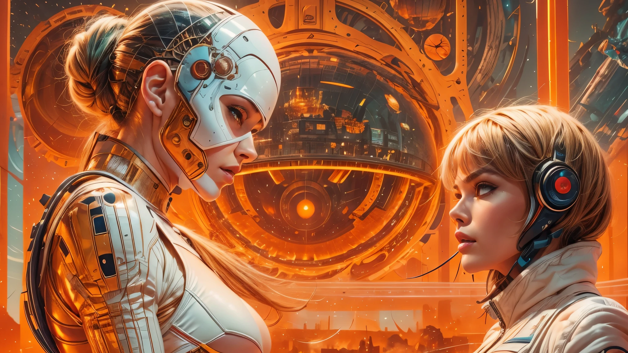 arafed image of a white woman in a futuristic suit with a spaceship in the background, movie art, in front of an orange background, inspired by Robert McGinnis, female protagonist, megastructure in the background, portrait of an ai astronaut, astronauts, an astronaut, portrait of a astronaut skeletor, perfect android girl, detailed eyes, perfectly detailed teeth, frank franzzeta and sakimichan  