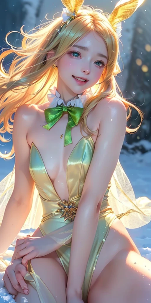 masterpiece, best quality, extremely detailed CG unity 8k wallpaper,((Upper Body)) ,((Upper Body head close-up shot of a beautiful loli girl)), , Elegant Long straight blonde hair, (Mckenna Grace), ((flat chest,thighs,Autoluminescence skin)),Transparent (yellow-green) golden (Glittering tutu,long Bunny Ear Headgear, , Bow-tie, No panties, genitals visible), ((spread legs)),(), (Blush), , (seductive smile), (A world of ice and snow), pretty face, key art, award winning, intricate detail realism hdr, by (ruan jia and artgerm and range murata), Photorealism, Hyperrealism, ultra realistic, dramatic light, intense shadows, gorgeous view, depth of field