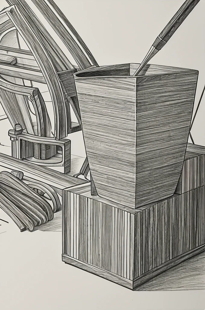 Produce a drawing based on the theme of man-made objects by emphasizing the different types of lines used in the drawing.